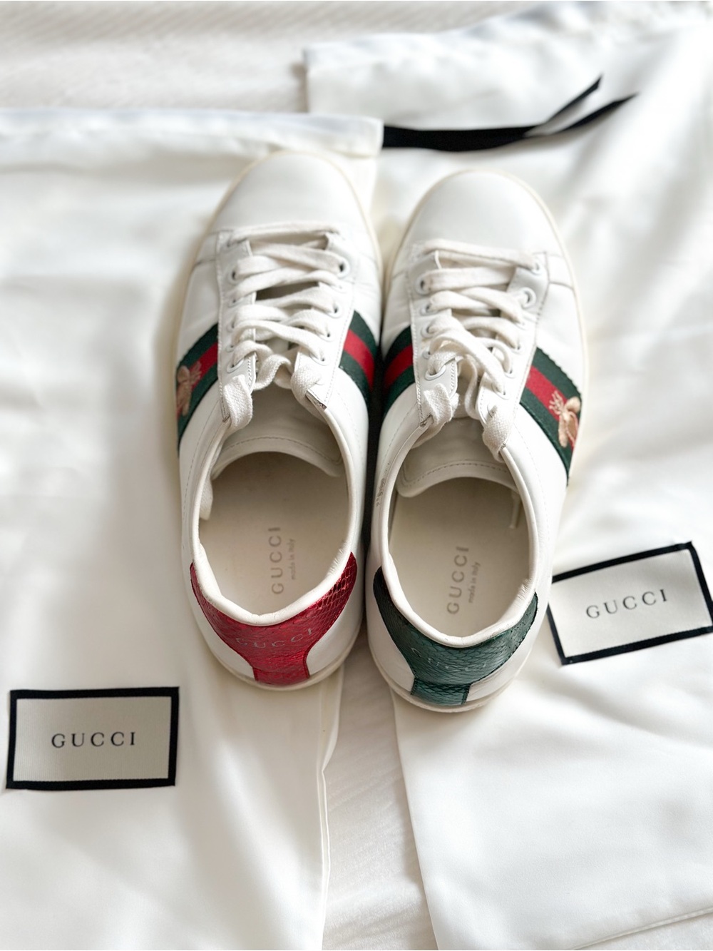 100% Authentic Gucci Ace Watersnake-Trimmed Leather Sneakers – Size 36|